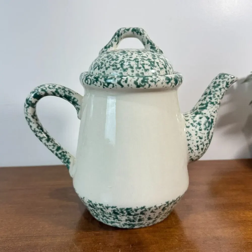 Vintage Apple Green Spongeware Teapot THT 1995 Tenderheart Treasures 9